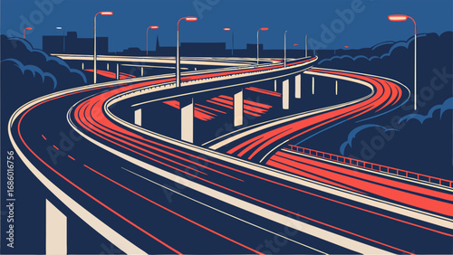 Night Highway Overpass Elevated Road Traffic at Night Urban Expressway Cityscape at Dusk.