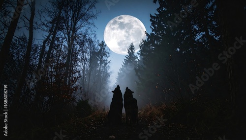 Two wolves silhouette in a mystical forest at night under a full moon
