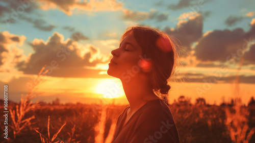 Mulher meditando ao pôr do sol