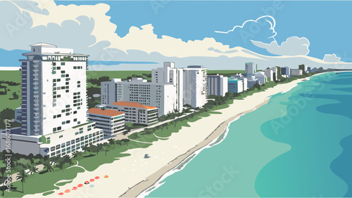 Oceanfront Buildings Summer Vacation Tropical Beach Aerial View Coastal Skyline Illustration.