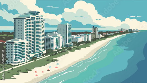 Oceanfront high-rise buildings beach summer vacation coastal scene tropical paradise turquoise water sandy shore aerial view coastal property real estate summer holiday travel destination seaside res.