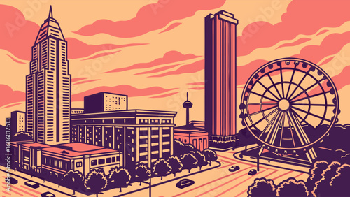 Retro Cityscape Illustration Urban Skyline with Ferris Wheel at Sunset.