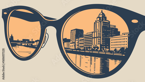 Retro Cityscape Reflected in Sunglasses Urban Illustration Vintage Style Artwork.