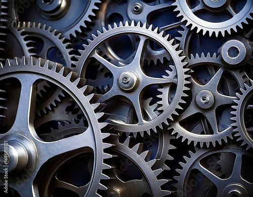 Intricate interlocking metal gears in a close up view 
