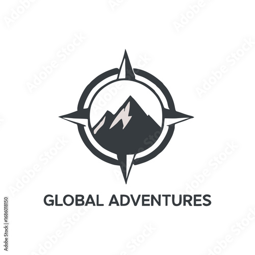 Adventure Travel Logo with Mountain and Compass Rose Design