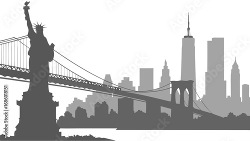 Silhouette of a City Skyline with a Famous Statue and Bridges.