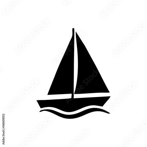 Black silhouette sailboat icon on water. Simple graphic illustration of a sailing boat with sails, perfect for nautical, travel, and marine themes.