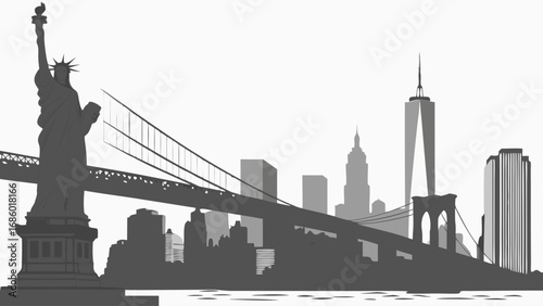 Silhouette of a city skyline featuring a statue bridge and skyscrapers.