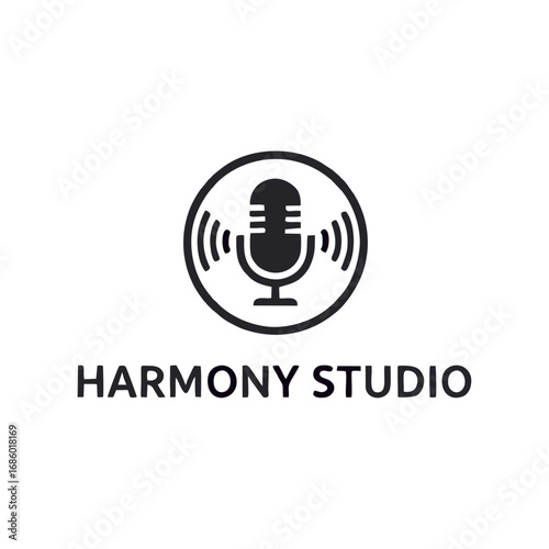 Harmony Studio Logo with Microphone and Sound Waves Icon for Audio Recording and Podcasting