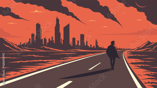 Silhouette of a person walking on a road towards a city skyline at sunset vector illustration.
