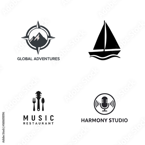 Set of Four Minimalist Black and White Logos: Compass, Sailboat, Music Restaurant, and Harmony Studio Icons