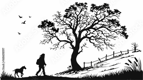 Silhouette of a person walking with a small horse past a tree and fence black and white illustration.