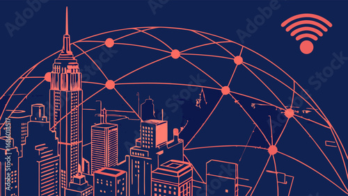 Smart City Connected Buildings Network Technology Urban Skyline Wireless Communication Digital City IoT Internet of Things Global Network Cityscape Modern Architecture High-Rise Buildings Urban Devel.