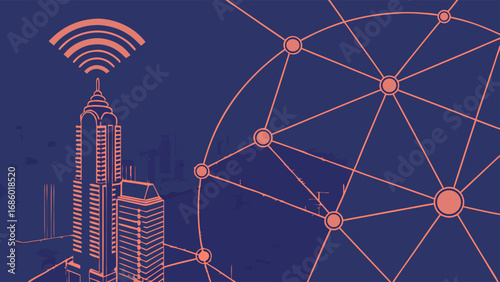 Smart City Wireless Network Technology Skyscraper Urban Network Connection Data Digital IoT Internet of Things Communication Connectivity Infrastructure Global Network Modern City Cityscape Building .