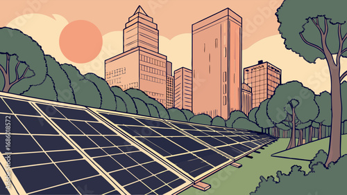 Solar Panels in Urban Park Setting at Sunset.