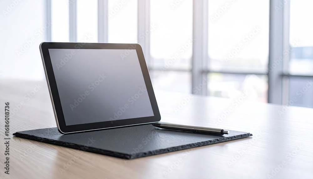 Fototapeta premium Black Tablet and Stylus on Slate Pad on Light Wood Desk in Bright Office
