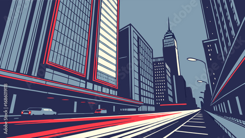 Stylized Cityscape at Night Urban Street Scene with Tall Buildings and Cars Driving.