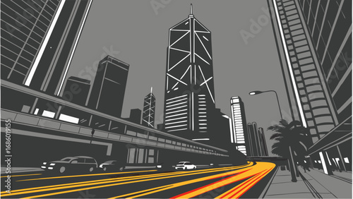 Stylized Cityscape at Night Urban Street Scene with Tall Buildings and Traffic Light Trails.