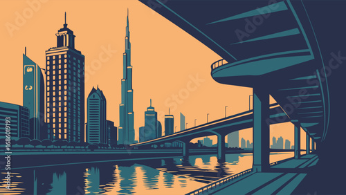 Stylized Cityscape at Sunset with Bridge and River Urban Architecture Illustration Modern City Design.