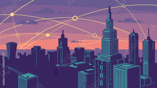 Stylized Cityscape at Sunset with Network Connections Illustration.