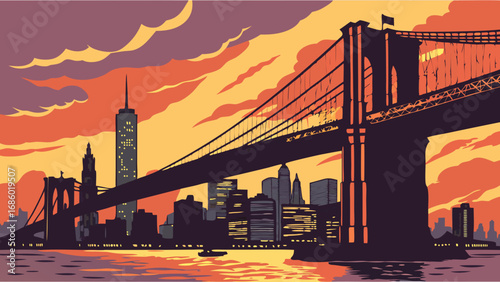 Stylized Cityscape at Sunset with Suspension Bridge and Skyline Urban Art Print Vector Illustration.