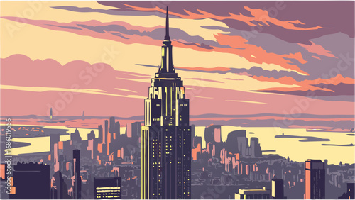 Stylized Cityscape at Sunset High-Rise Building Urban Skyline Evening Colors Dramatic Sky Vector Illustration.