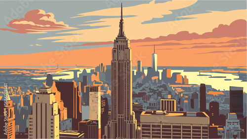 Stylized Cityscape at Sunset with Tall Skyscrapers and Water View.