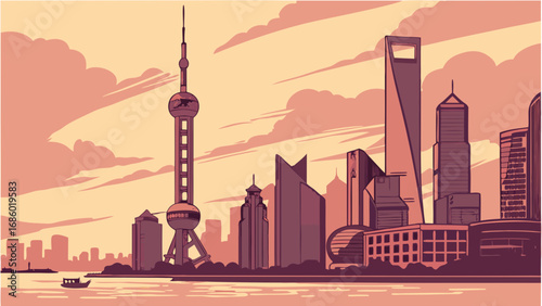 Stylized Cityscape at Sunset Modern Urban Skyline Illustration Panoramic View of City Buildings and Water.
