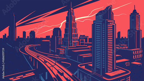 Stylized Cityscape at Sunset Urban Skyline with Highway Modern Architecture Illustration.