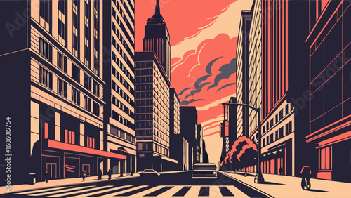 Stylized Cityscape at Sunset Urban Street Scene with Tall Buildings and Pedestrians.