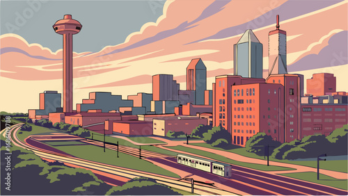 Stylized Cityscape Illustration at Sunset with Transit Vehicle and Tower.