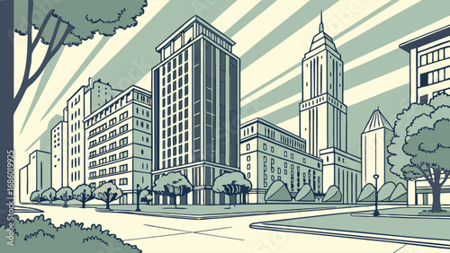 Stylized Cityscape Illustration Modern Buildings Trees and Urban Scene.