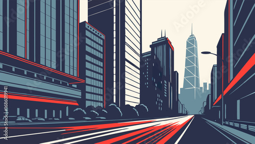 Stylized Cityscape Illustration Modern Urban Street Scene with Tall Buildings and Traffic Streaks.