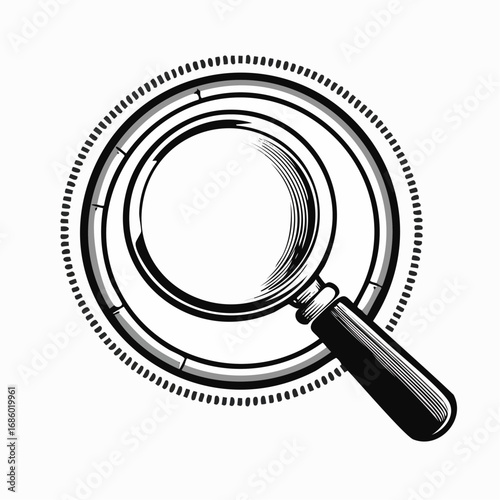 Magnifying glass and circular pattern representing a quest for information or analysis, suggesting research and discovery