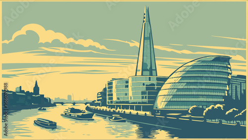 Stylized Cityscape Illustration River Boats Modern Architecture Vintage Poster Design.