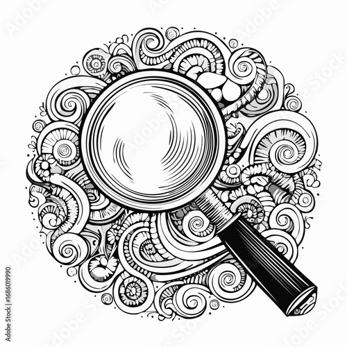 Magnifying Glass Investigating Intricate, Whimsical, Swirling Patterns Representing Curiosity and Discovery