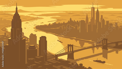 Stylized Cityscape Illustration Skyline Bridge River Urban Landscape at Sunset.