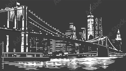 Stylized Cityscape Illustration with Suspension Bridge and Skyline at Night.