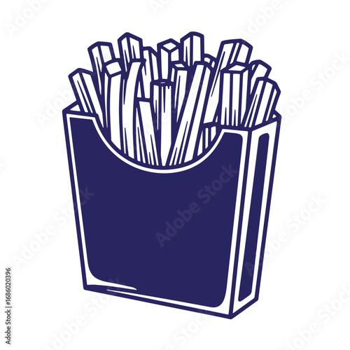Delicious hand drawn illustration of french fries served in a classic box