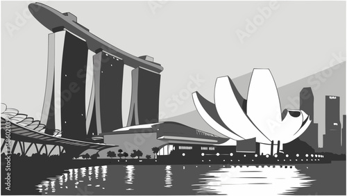 Stylized cityscape illustration modern architecture grayscale waterfront urban scene design element.