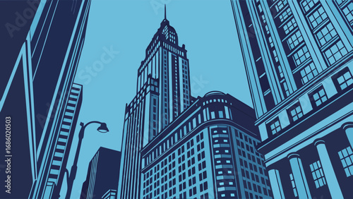 Stylized Cityscape Illustration Urban Architecture Blue Tone Low Angle View Modern Building Skyscrapers Downtown City Background Vector Art Graphic Design Business Finance Real Estate Urban Developme.