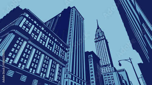 Stylized Cityscape Illustration Urban Architecture Skyscrapers Blue Tones Low Angle View.