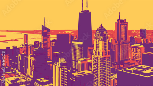 Stylized Cityscape Illustration Urban Skyline Birds Eye View Abstract Architecture Downtown Panorama Modern City Design Evening City Scene Urban Background High-Rise Buildings Cityscape Art Vector Il.