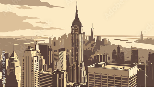 Stylized cityscape illustration urban skyline panorama modern architecture city view buildings skyscrapers metropolis downtown aerial view high-rise buildings urban landscape illustration art graphic.