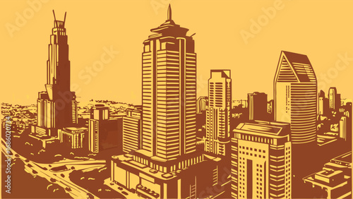 Stylized Cityscape Illustration Urban Skyline Brown and Beige Tones Aerial View Downtown Buildings Modern Architecture High-Rise Buildings Cityscape Background Vector Illustration Graphic Design Elem.