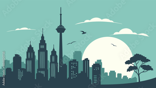 Stylized Cityscape Silhouette at Sunset with Tall Tower and Birds.