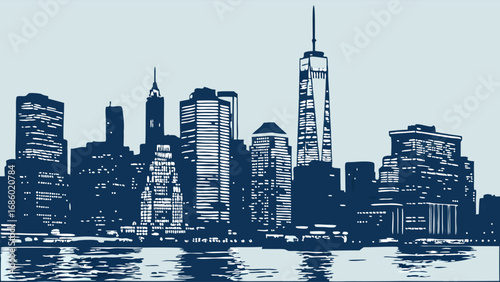 Stylized Cityscape Skyline at Night Urban Architecture Modern Buildings Waterfront View Dark Blue Tones.