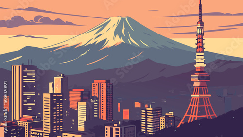 Stylized Cityscape with Mountain and Tower at Sunset.