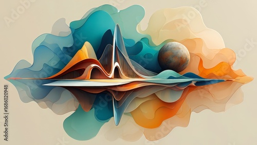 Abstract Layered Landscape with Geometric Forms and Orb
