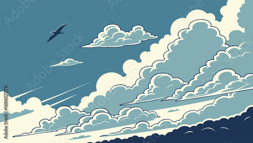 Stylized Cloudscape with Bird in Flight Vector Illustration for Design and Backgrounds.